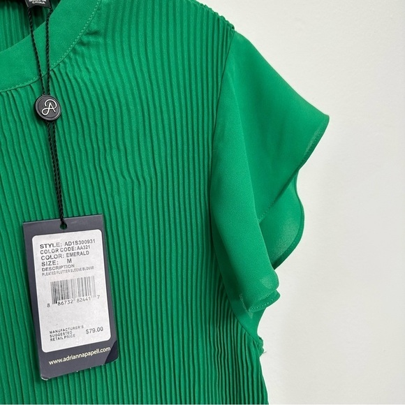 Adrianna Papell Pleated Flutter Sleeve Blouse Kelly Green Size Medium NWT - Picture 4 of 7